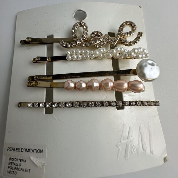 H&M Hairpins set-of-four, Faux Pearls, & Rhinestones , Gold, J-01 - Picture 2 of 5